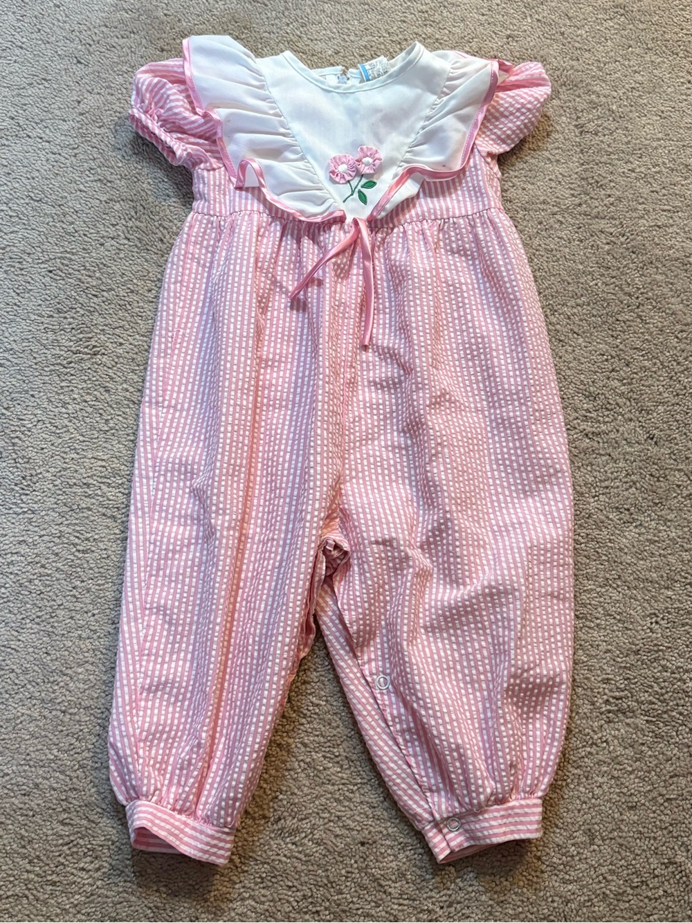 Vintage 90’s Pink and White Gingham Floral Ruffle Collard Baby One-Piece 18M